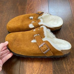 Birkenstock Boston Shearling Suede Leather Clogs Fur Lined Tan Size 38 Womans
